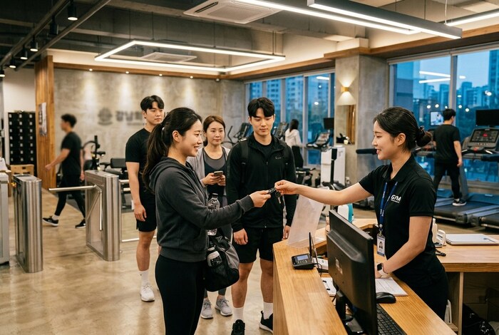 [코리안투데이] 피크 시간 프런트 앞에 회원들이 줄 선 장면 © 송정숙 칼럼니스트