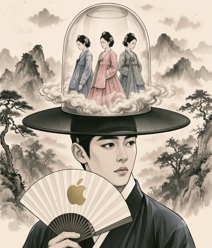 [코리안투데이] 한복·갓·금빛 애플 로고로 동서양과 과거·현재의 상징 결합 ©김현수 기자